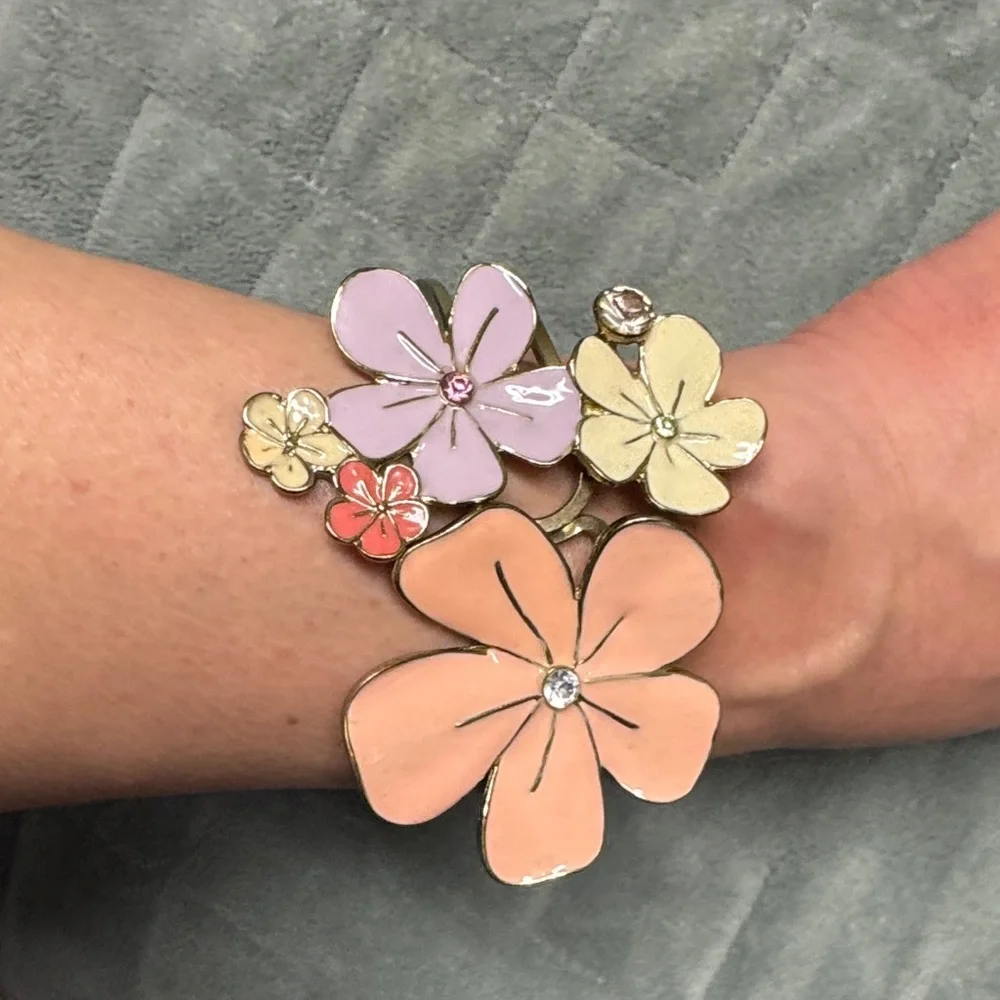 Vintage Flower Hinged Bangle Bracelet, Enamel, Silver, Gemstones, Boho
